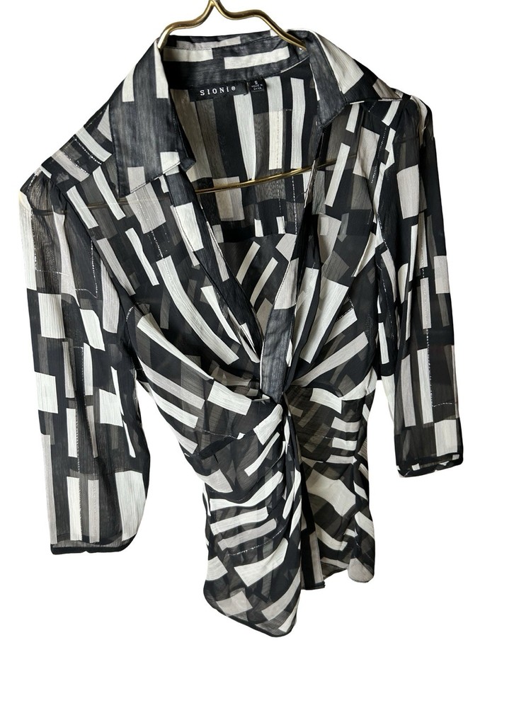 Sioni Sheer Front Faux Tie Blouse Size S Black White Geometric 3/4 Sleeve Collar