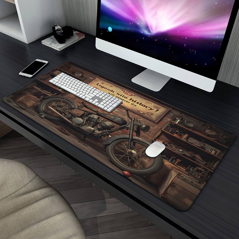 40*90cm XXL Motorcycle in Vintage Garage Design Mouse Pad - Non-Slip Rubber Base