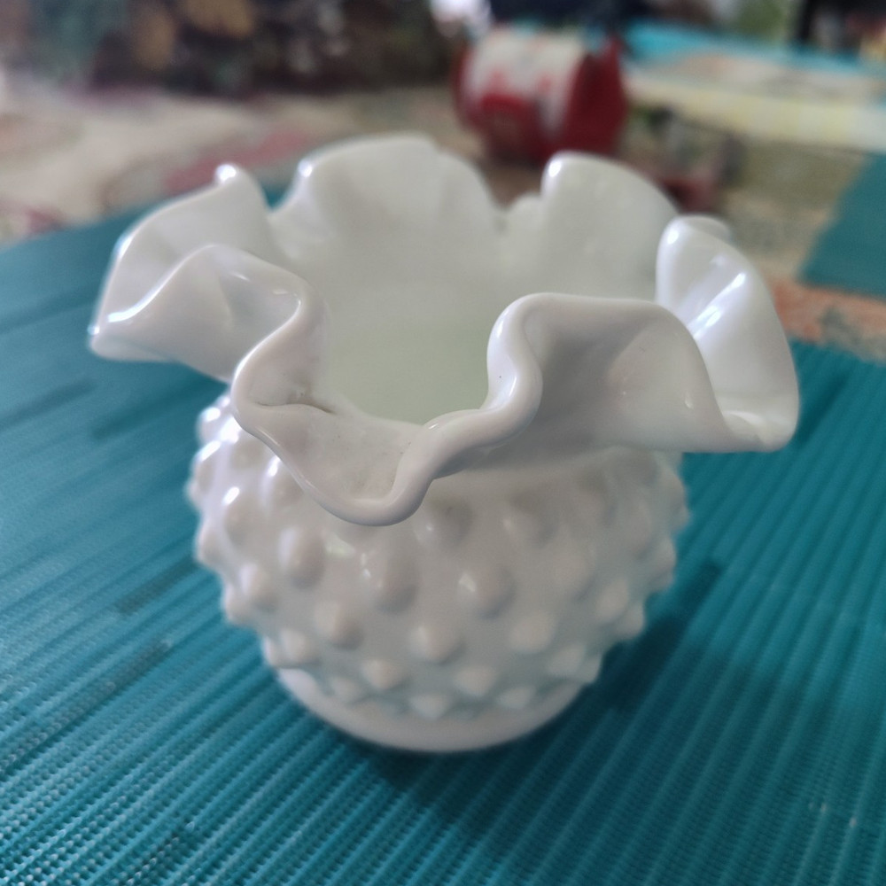 Fenton White Milk Glass Hobnail Vase Ruffled Rim Glossy Finish 3 Inch