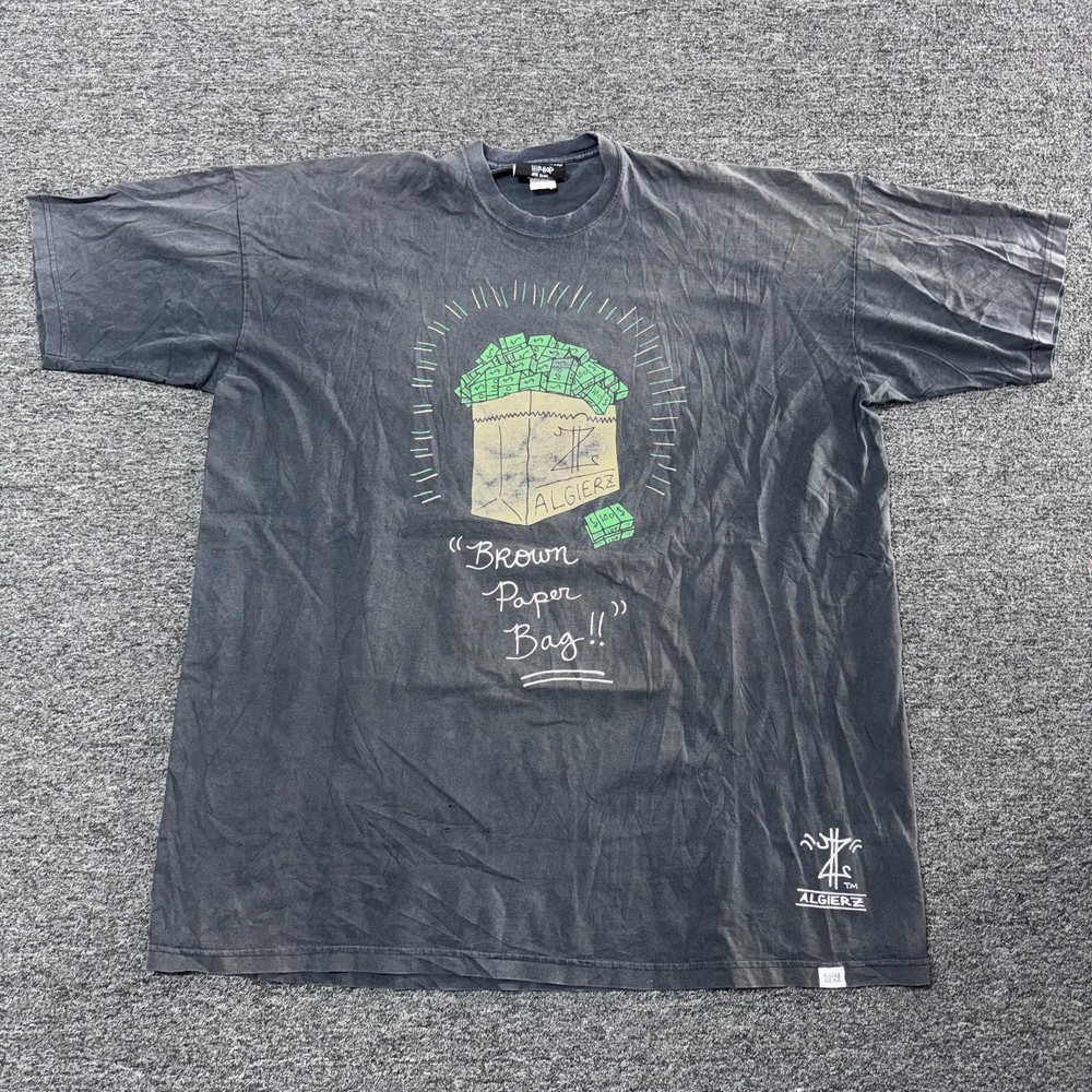 Vintage Y2K Algierz Brown Paper Bag Money T-Shirt - Size 4XL Black Sun Faded