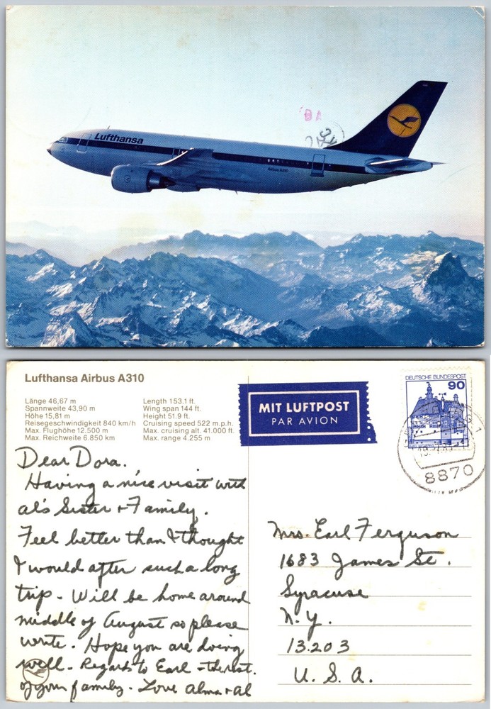 Continental Lufthansa Airbus A310 Postcard