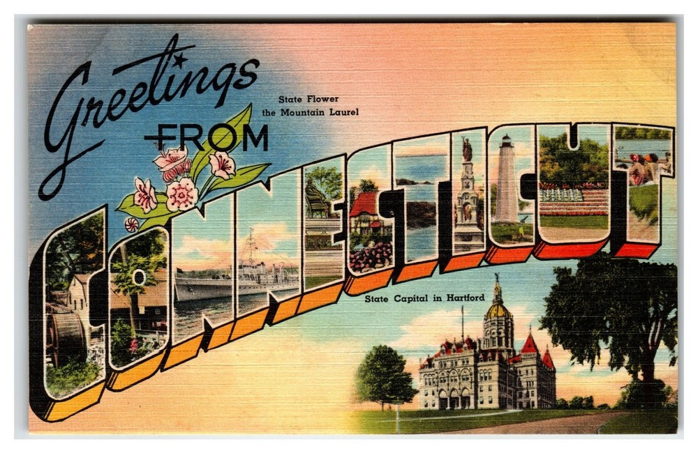 Vintage Greetings From Connecticut Large Letter Linen Postcard Tichnor Bros.