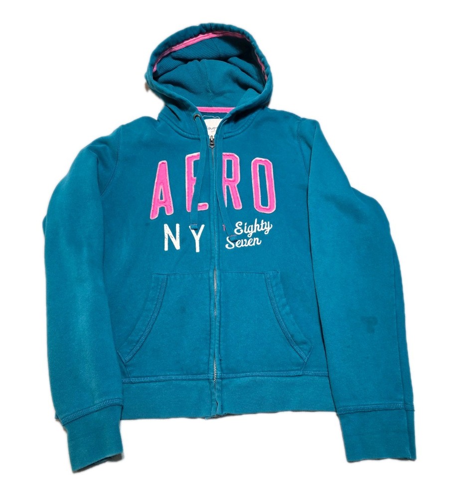 Aeropostale Women's Full Zip Hoodie Long Sleeve Teal Pink Size XL Cotton EUC