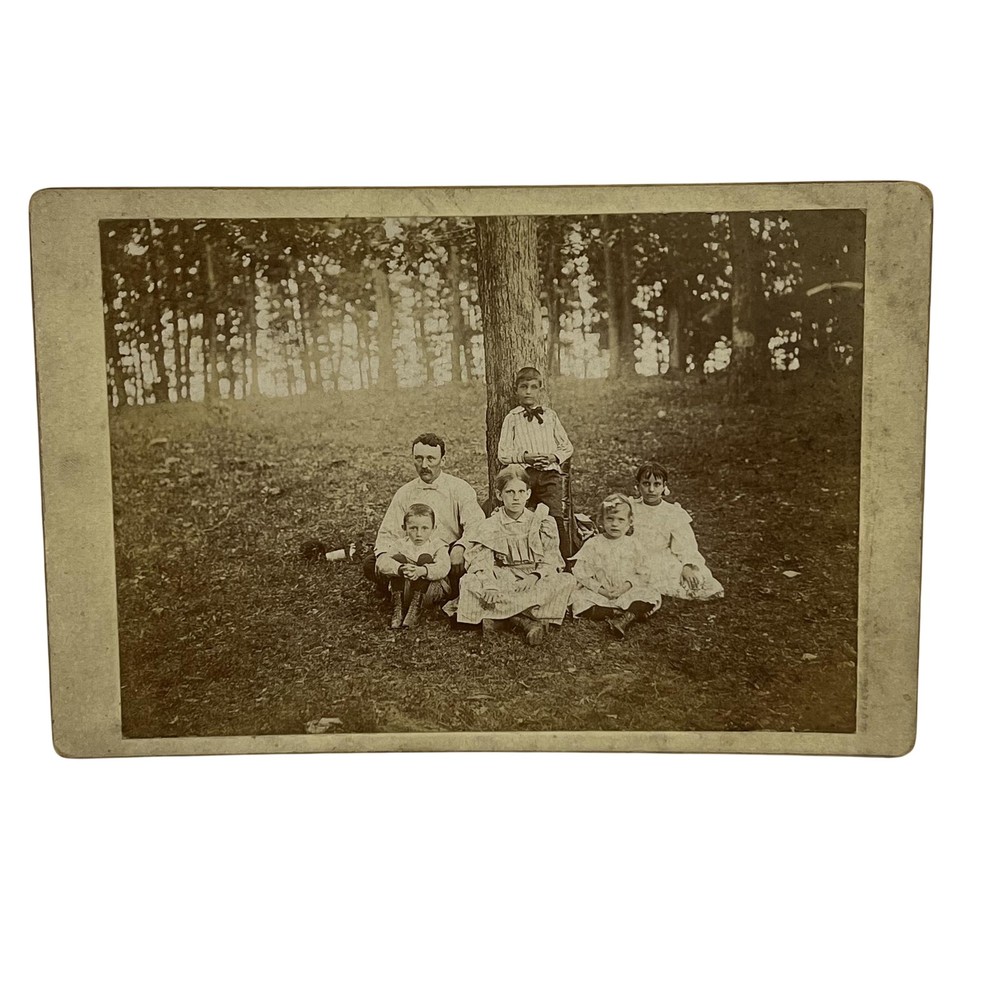 Vintage Family Cabinet Card Photograph Sepia 4x6 Children Outdoor Woods Antique