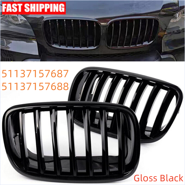 2pcs Front Hood Kidney Grille Grill For BMW X5 X6 E70 E71 2007-2013 Glossy Black