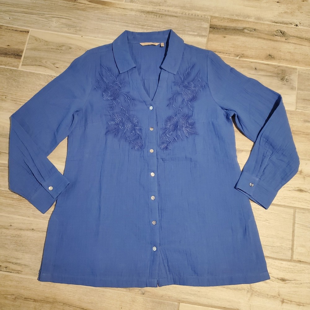Soft Surroundings Women's Tunic Top Medium, Blue Cotton, Long Sleeve Embroidered