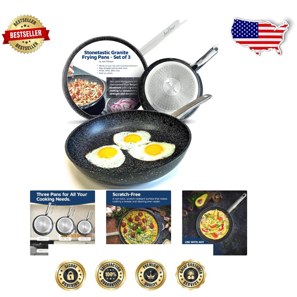 Granite Non-Stick Frying Pans Set of 3 - Induction Cookware for All Stovetops