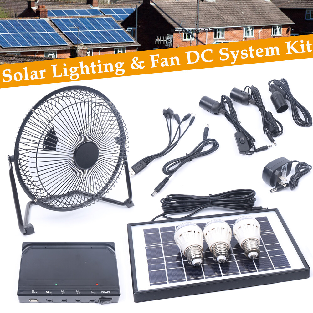 Solar Power Panel Kit and Fan & LED Light,USB Charging,for Home Outdoor Camping