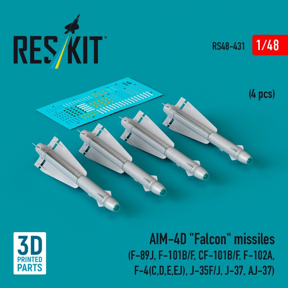 AIM-4D Falcon missiles 4pcs Scale 1:48 ResKit RS48-0431 for Model Aircraft Kits