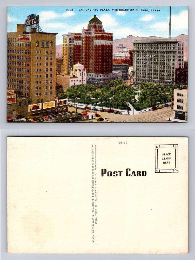 El Paso, TX-Texas, San Jacinto Plaza Downtown Skyline Vintage Postcard