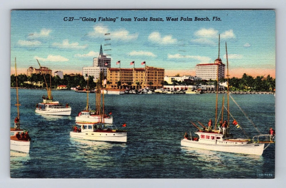 West Palm Beach FL-Florida, Going Fishing Yacht Basin, Antique Vintage Postcard