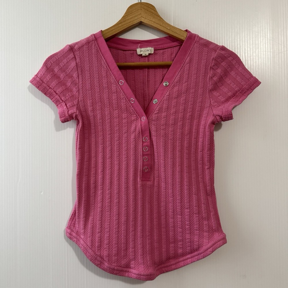 The Andie Ribbed Henley Top by Pilcro Short-Sleeve Snap Edition Sz XS Pink