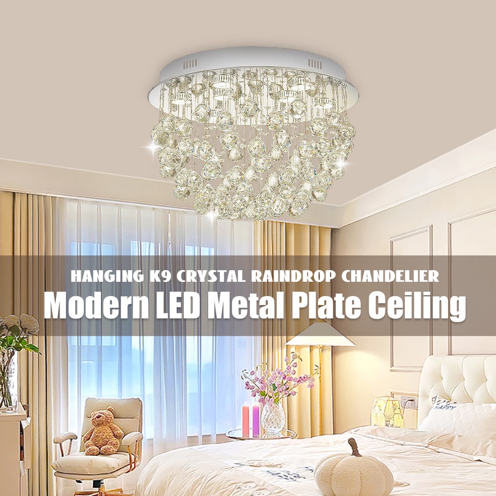 Modern K9 Crystal Chandelier Round Raindrop Ceiling Light Pendant Fixtures LED
