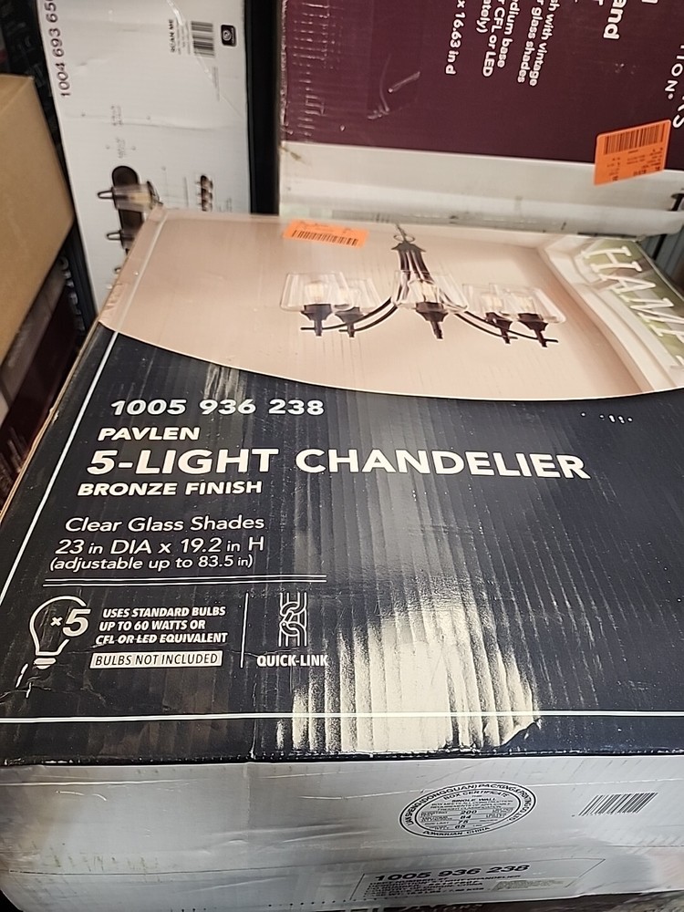 Hampton Bay Pavlen 5-Light Rustic Bronze Hanging Chandelier w Clear Glass Shades