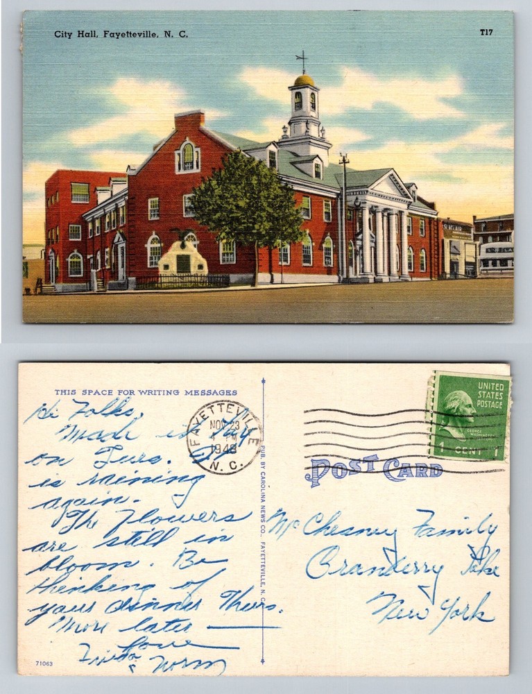 Fayetteville, NC-North Carolina, City Hall Street View Vintage c1948 Postcard