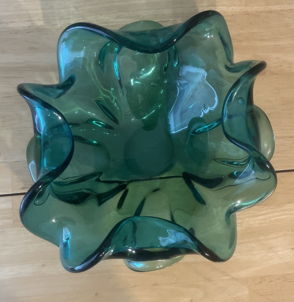 Vintage MURANO Art Glass Bowl Folded Edge Ocean Blue Green