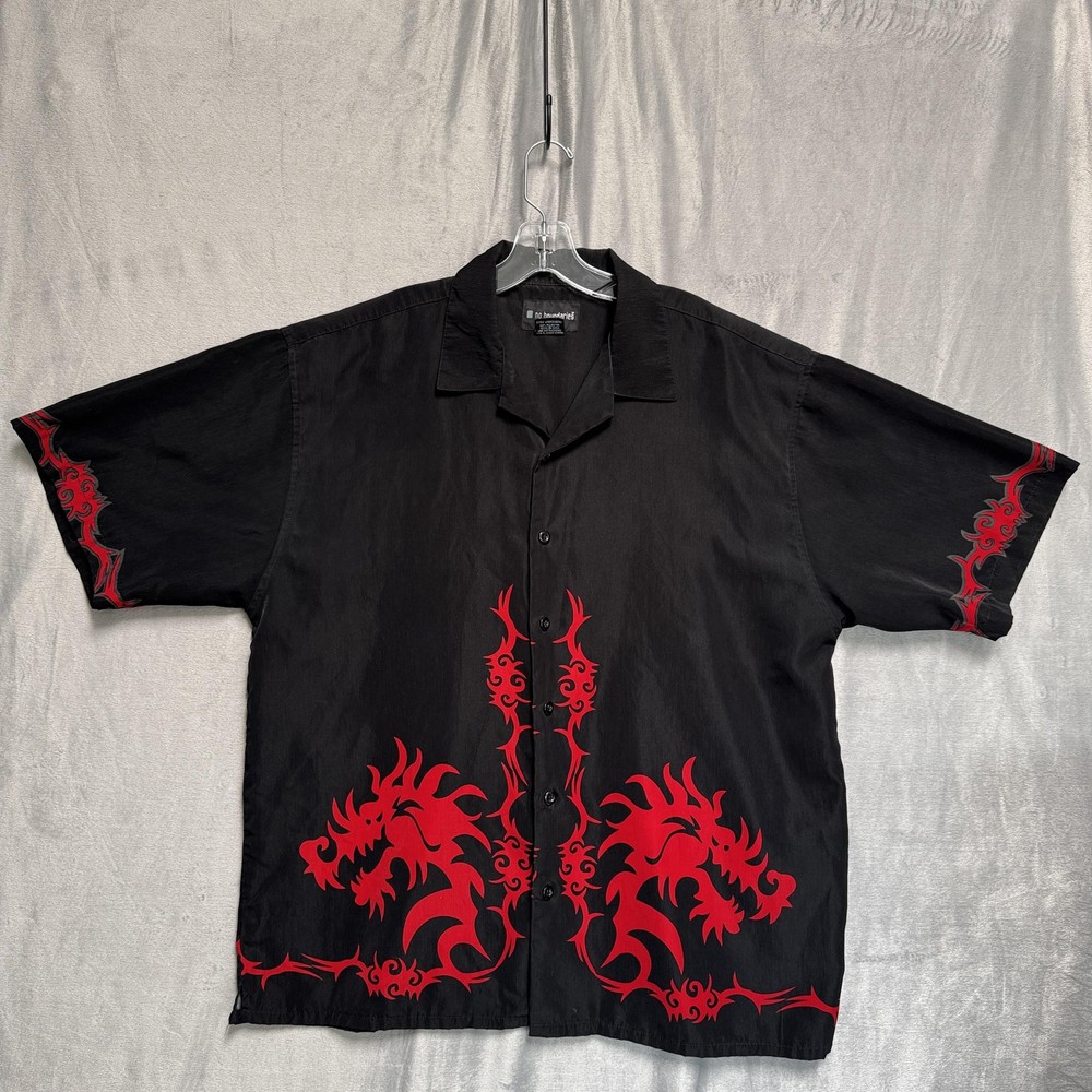 No Boundaries Shirt Mens XL Black Red Tribal Dragon Button Up Camp Short Sleeve