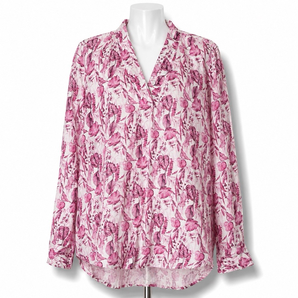120% Lino Shirt Womens Sz 42 Pink Floral Linen Tunic Boho Peasant Blouse Top