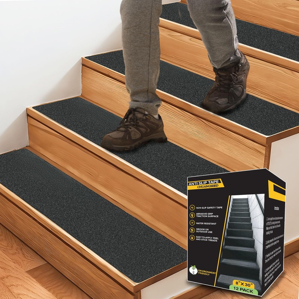 Stair Non-Slip Tape 8''x30''（12-Pack） Heavy Duty Black 80 Grit Anti-Slip Outd...