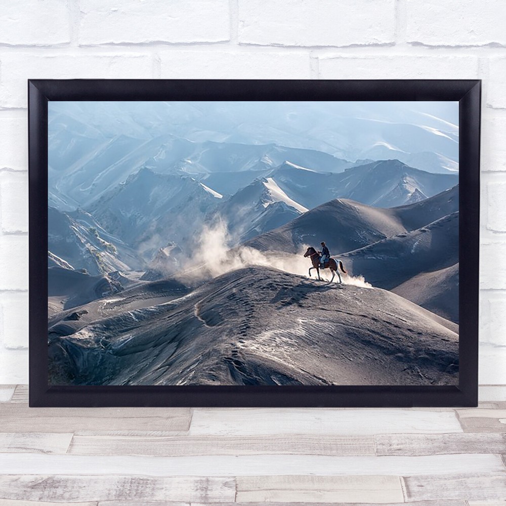 Horse Rider Mountain Distance View Smoke Hill Animal Wall Art Print