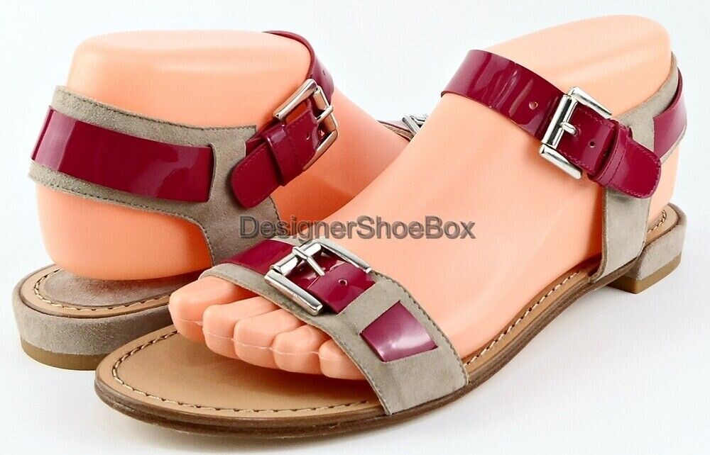 $298 STUART WEITZMAN BEBOP Mole Suede Magenta Patent Designer Sandals 7 RUN BIG