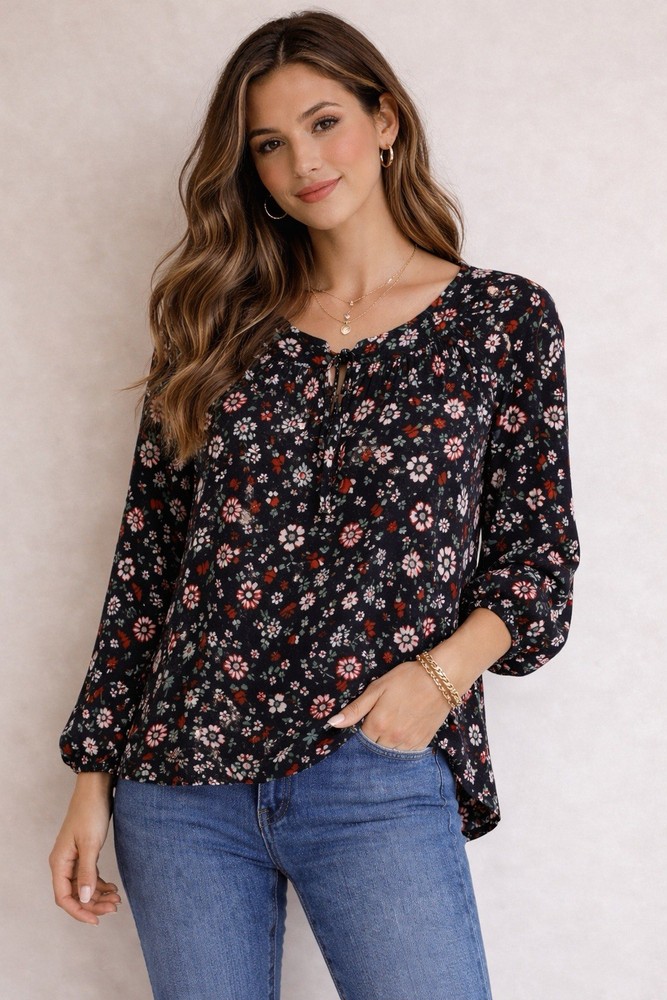 LOFT XS Black Floral Blouse Long Sleeve Peasant Boho Lightweight Women Top