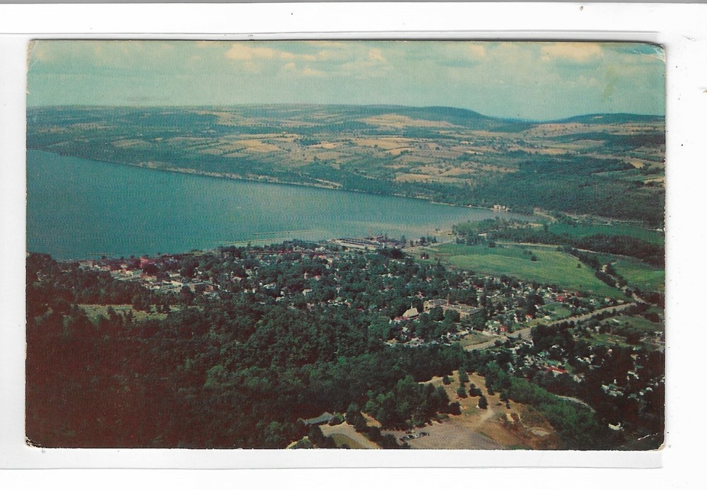 VTG Postcard Air View of Seneca Lake & Watkins Glen, NY