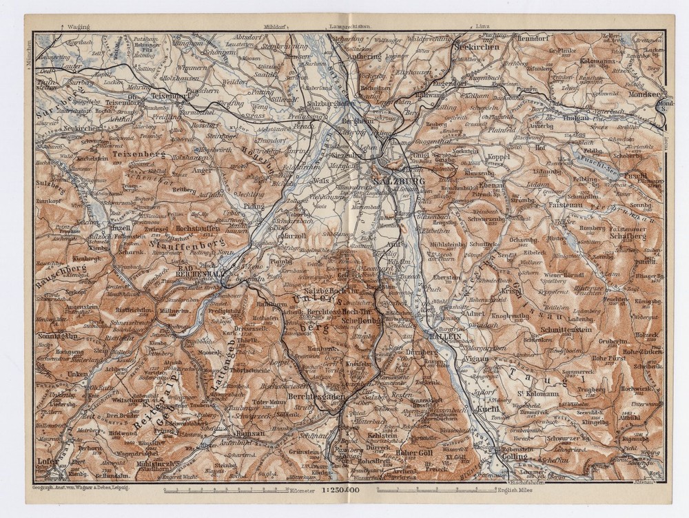 1910 Antique Map Of Vicinity Of Salzburg Austria / Bavaria Bayern Germany
