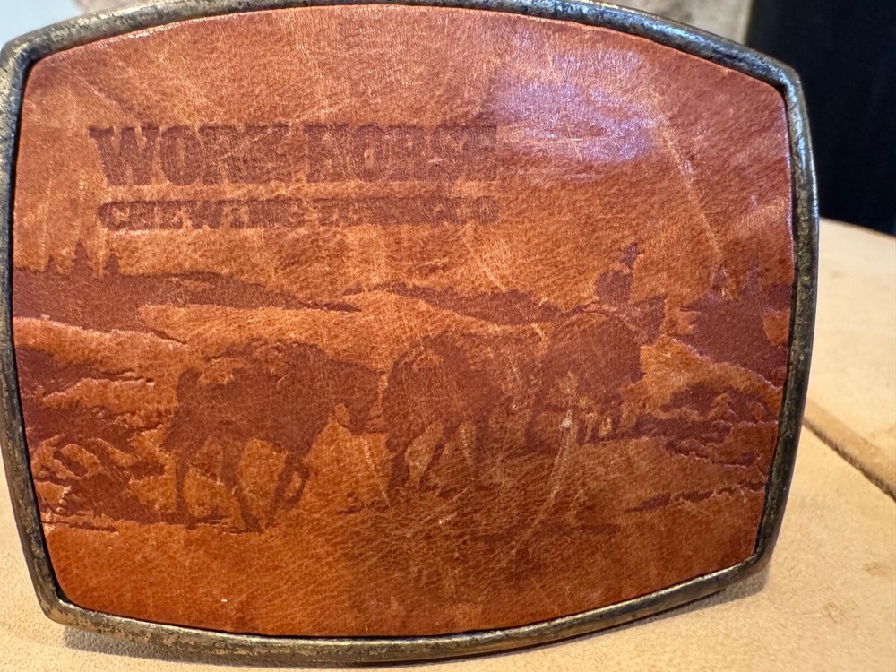 VINTAGE 1970s WORK HORSE CHEWING TOBACCO** LEATHER BELT BUCKLE