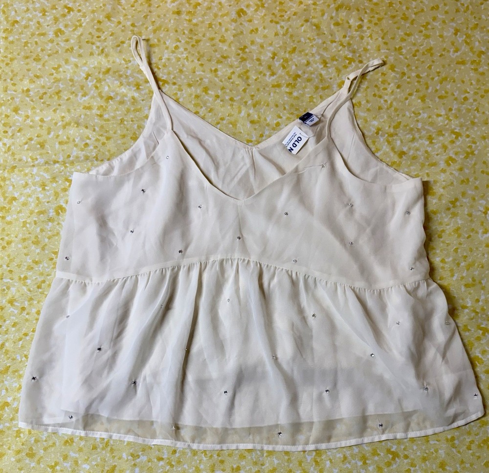 Old Navy Rhinestone Chiffon Camisole Tank XL Ivory Sleeveless Spaghetti Strap