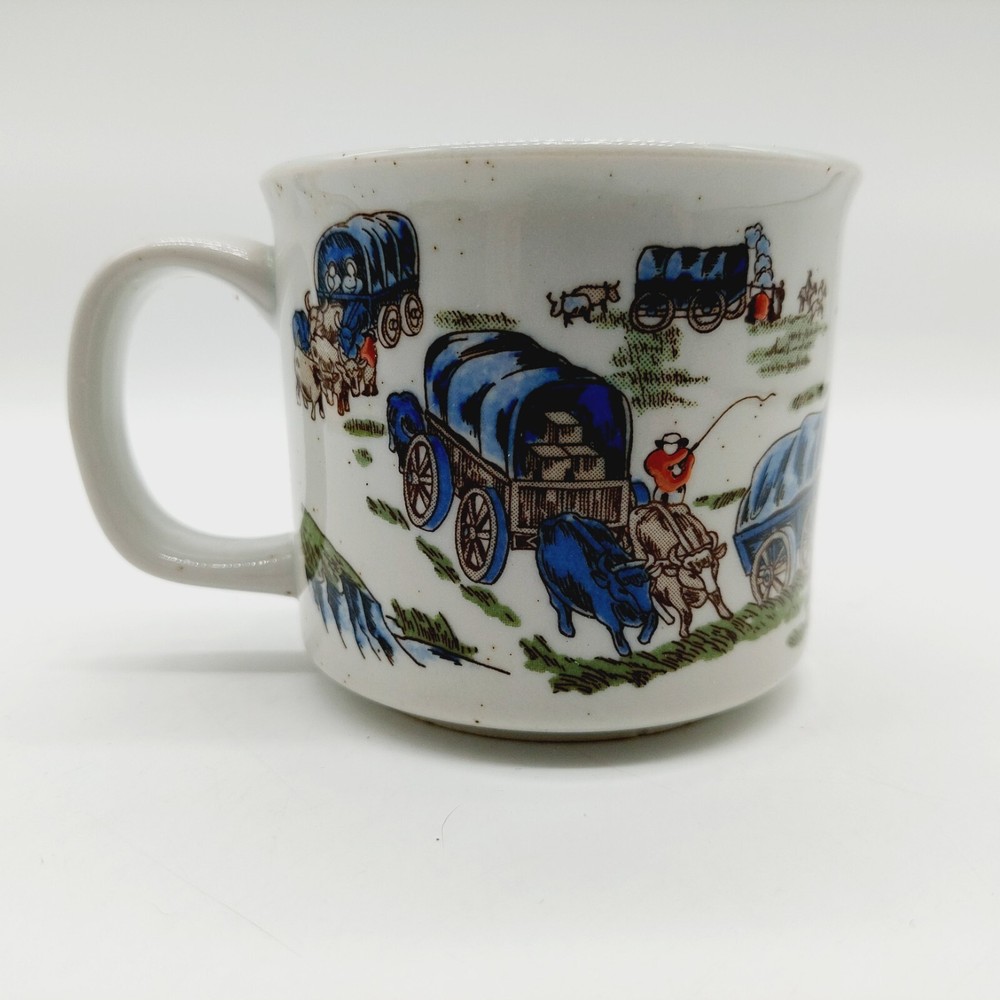 Wagon Train Settlers Prairie Cowboy Oxen Western Cup Mug Vintage 3