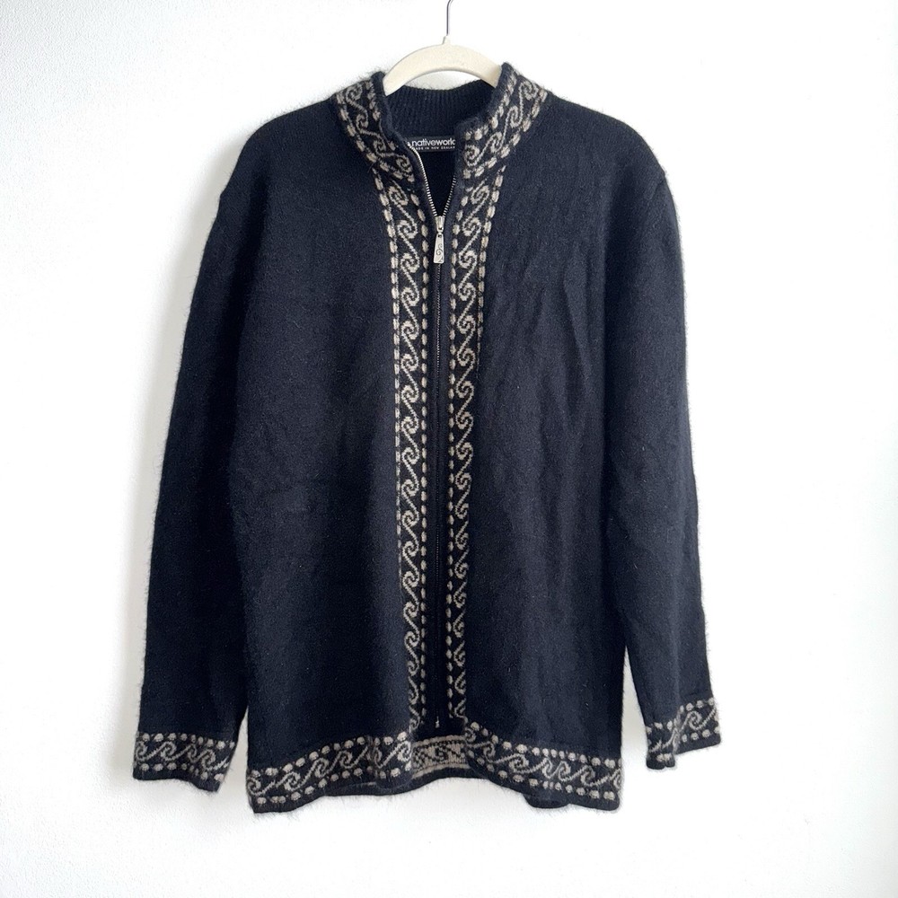 Native World Merino Wool Possum Blend Cardigan Black Women’s Medium Zip Sweater