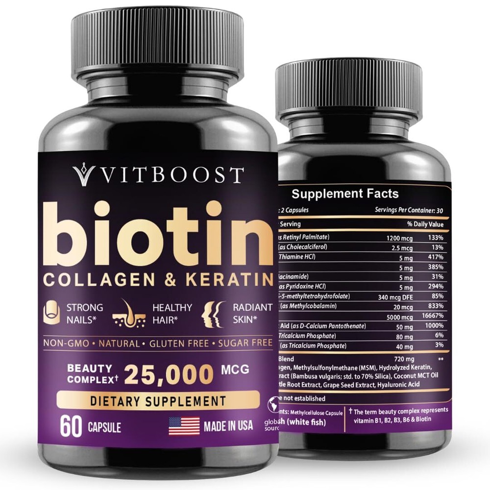 Biotin with Hyaluronic Acid, Collagen and Keratin – 25000 mcg Hair Growth Vit...