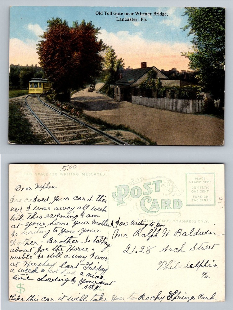 Lancaster, PA-Pennsylvania, Old Toll Gate Witmer Bridge Trolley Vintage Postcard