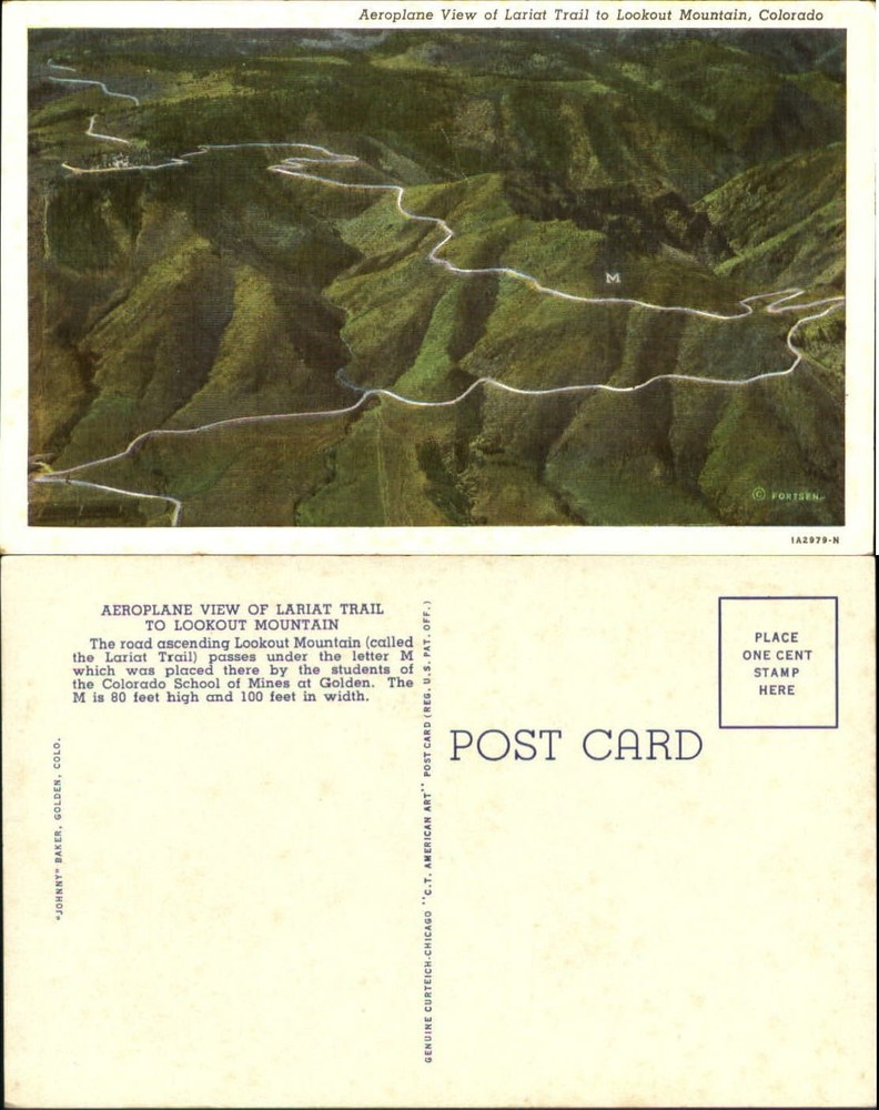 Lariat Trail aerial view to Lookout Mountain Colorado CO 1930s vintage postcard