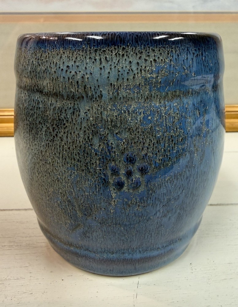 Blue Glazed Speckle Art Pottery Crock Vase Planter 4”