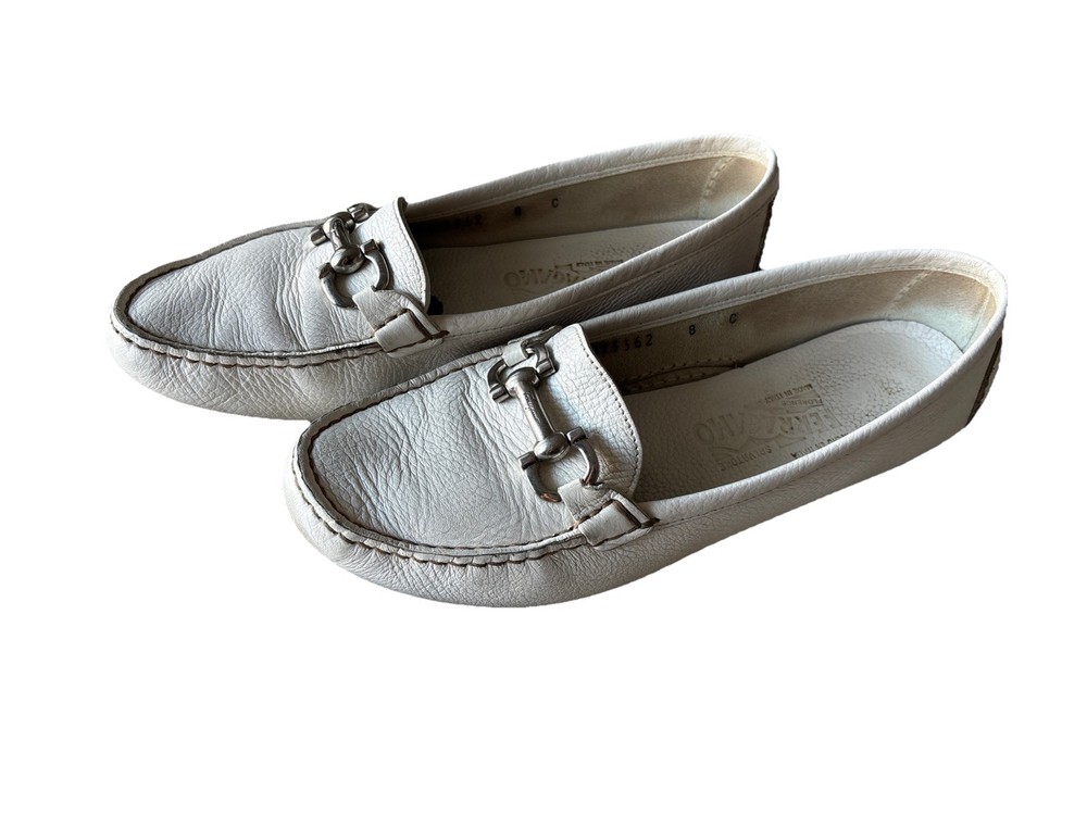 Salvatore Ferragamo Women’s White Leather  Gancini Loafers Made In Italy 8C