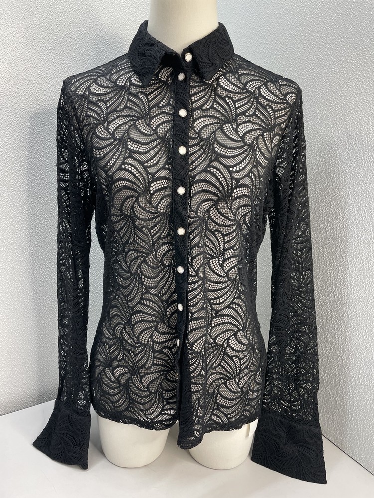 Anne Fontaine Womens Shirt Black Size 10 Lace Long Sleeve Button Up *PREOWNED*