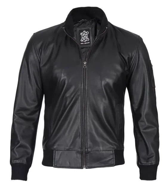 Black Real Cowhide Leather Bomber Jacket for Men with Free Shipping