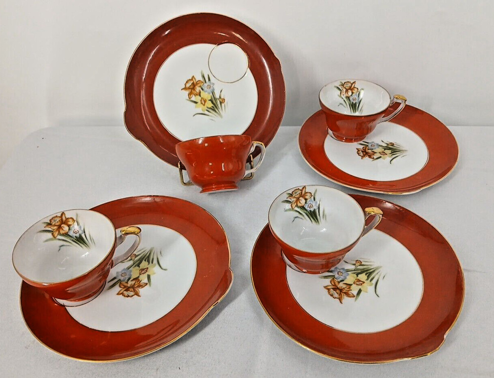 Occupied Japan Tea Red Set of 4 Ucagco Luncheon Plates & Teacups