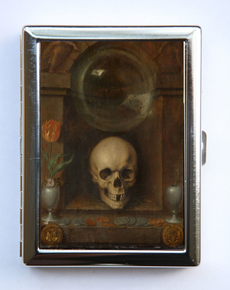 Vanitas Still Life Skull Cigarette Case Wallet Business Card Holder flowers