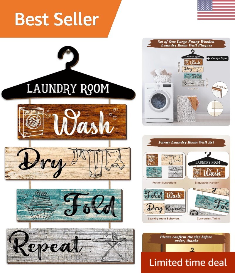 Vintage Laundry Room Wall Art - 5-Piece Wooden Sign Set for Farmhouse Vibes