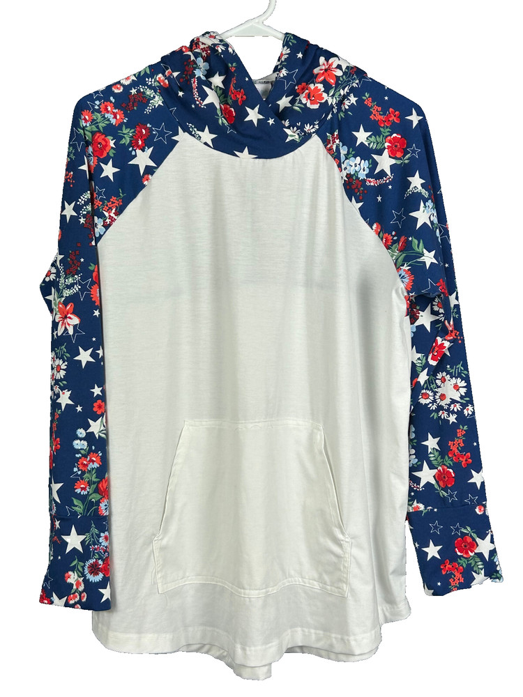 Lularoe Amber Hoodie T Shirt XL Solid White And Floral Stars Pouch Pocket