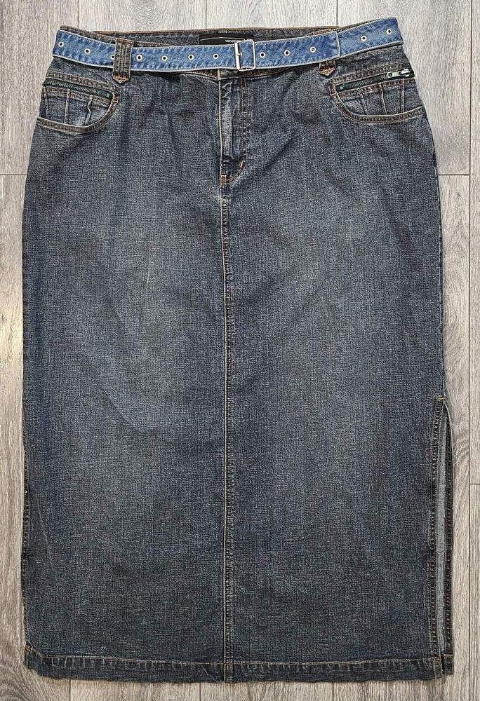 Vintage 90s Venezia Long Maxi Denim Jean Skirt Zip Front Slit Blue Women’s Sz 18
