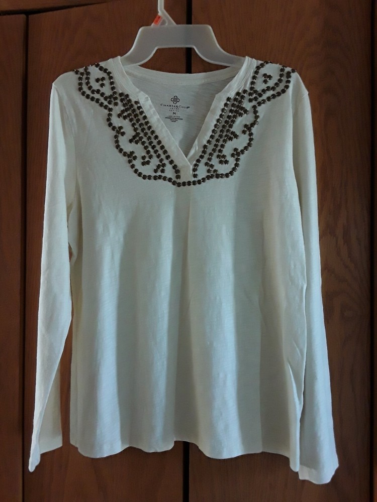 Charter Club Petites Ivory Bronze Studded Metallic Tunic Blouse Size Petite Medium  