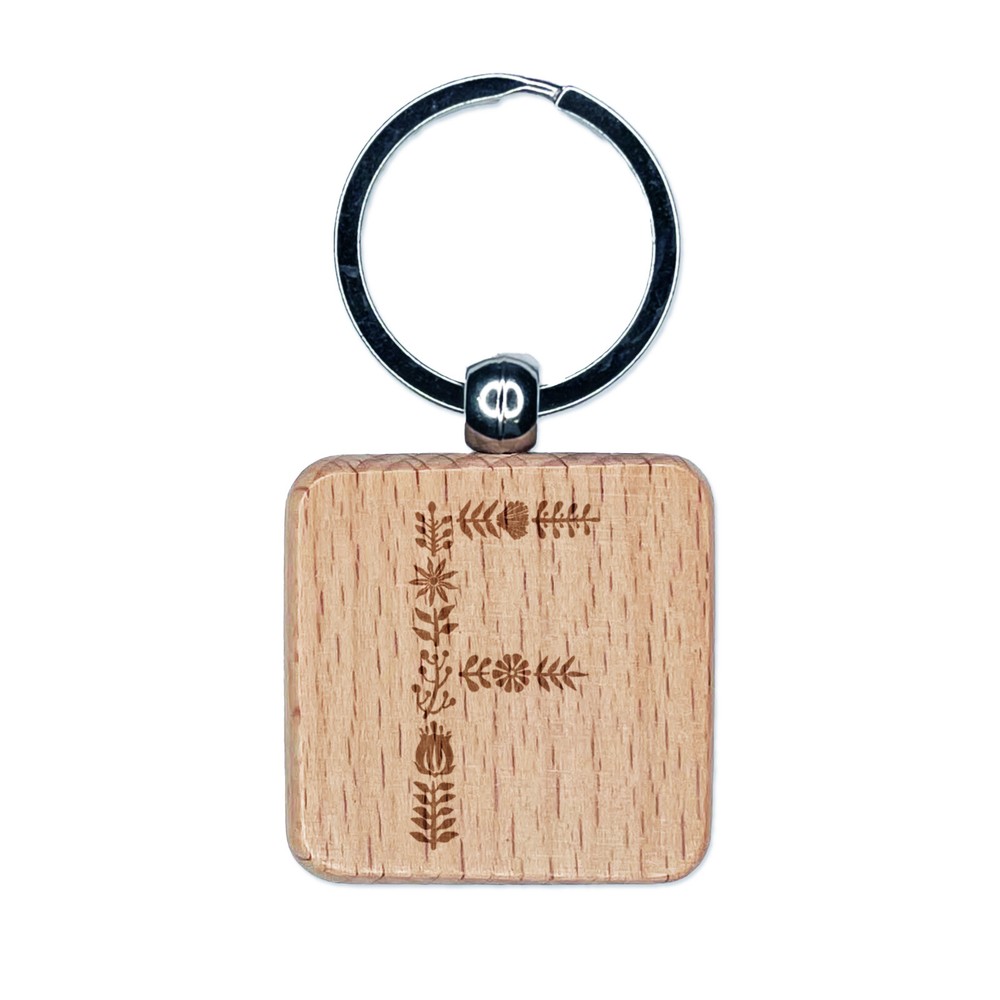 Elegant Engraved Wood Keychain Floral Letter F Charm Tag