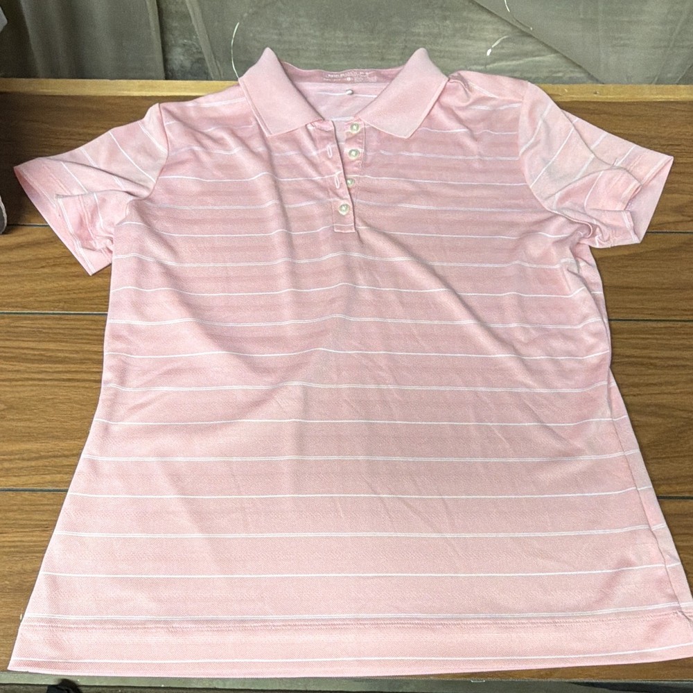 Nike Golf Dri-FIT Women’s Polo Shirt L Pink/White Striped Short Sleeve