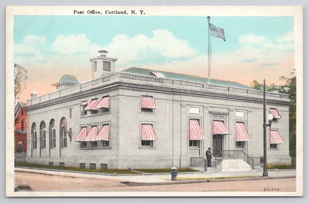 Vintage Cortland NY Post Office Building White Border Postcard Wm. Jubb Co.
