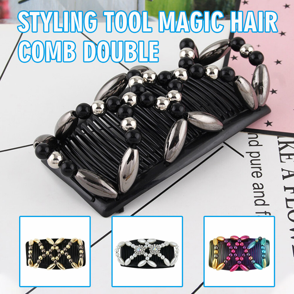 Women Magic Wood Beads Hair Comb Double Slide Stretch Clip Hairpin