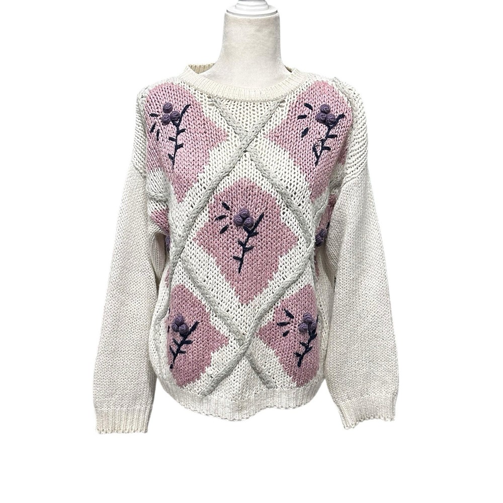 Vtg Floral Hand Knit Long Sleeve Sweater Grandma Cottagecore Pullover Women Sz M